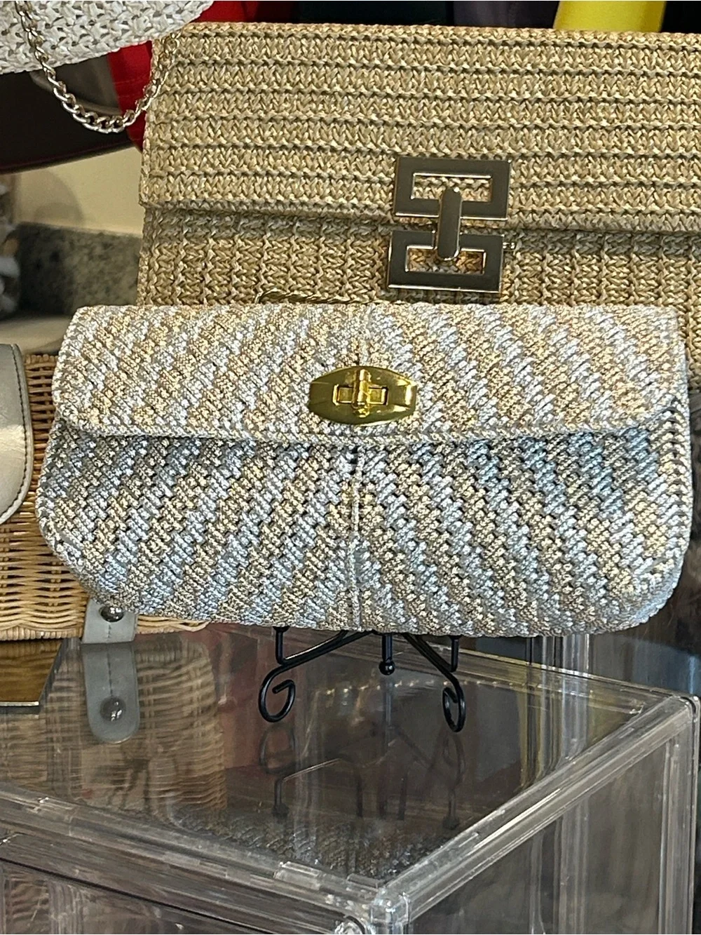 Woven Straw Bundle of 4 Shoulder & Wristlets Cream/Tan Gold/Silver Hardware New